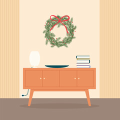 modern interior with dresser and christmas wreath - vector illustration