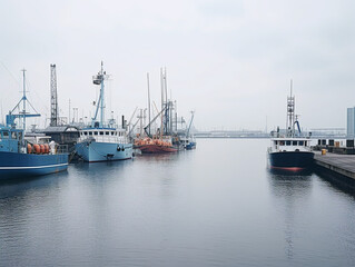 A serene and desolate harbor, with ships moored in the v-52 style, captured in raw format.