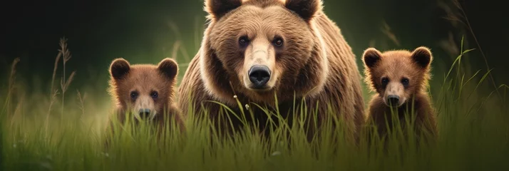 Foto op Aluminium a brown bear and her two cubs on a green grass Generative AI © SKIMP Art
