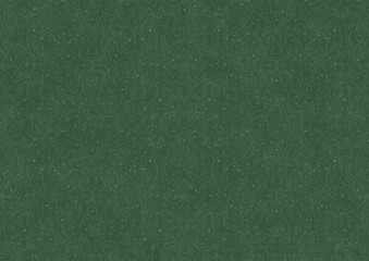 Hand-drawn unique abstract symmetrical seamless ornament. Bright semi transparent green on a deep warm green background. Paper texture. Digital artwork, A4. (pattern: p11-2b)