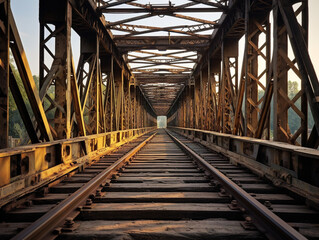 A deserted railway bridge in a vintage style, captured in raw format with a reddish tint.