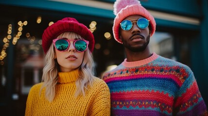 Couple in sunglasses and vivid winter clothing - obrazy, fototapety, plakaty