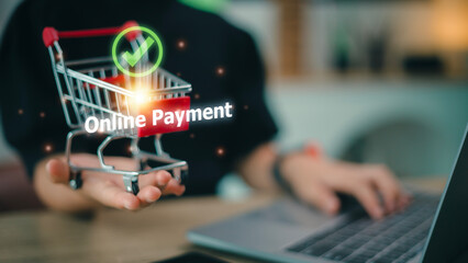 E-commerce delivery online payment. Access paying online payment concept. Women use laptop banking and online shopping via banking mobile apps, E-transactions and financial technology.