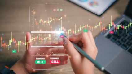 Women use smartphones to analyze trading data on the futuristic virtual interface screens. smartphone with a stock exchange graph on the screen. Financial stock market.