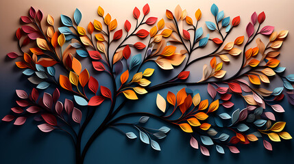 Wall hanging branches seamless pattern leaves fall with bright color flowers illustration background. 3d abstraction wallpaper for interior mural wall art decor, Elegant colorful