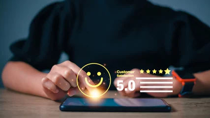 Foto op Canvas Customer satisfaction concept. woman choose Positive emotion happy smile face and five star wit copy space, feedback, service, survey, standard quality. User give rating to service experience. © CL STOCK