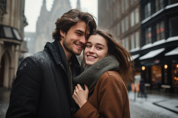 Fototapeta premium Young couple in love having fun in the city in winter