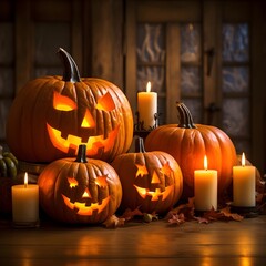 Generate an image where the enchantment of Halloween awakens. Orange pumpkins with carved faces flicker with candlelight, crafting an enigmatic glow in the night