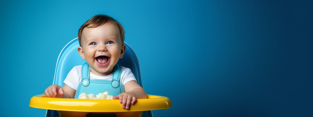 Small happy baby boy smiles and sits at the table. Concept of healthy kids food. Blue background. Ai generative illustration - obrazy, fototapety, plakaty