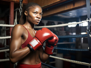 Black woman in boxing gloves on a ring. Concept of sport training. Ai generative illustration