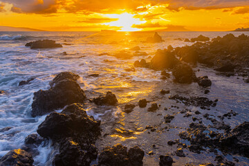 Sunset on The Volcanic Shoreline of Makena Beach, Makena State Park, Maui, Hawaii, USA