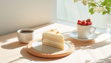 A cup of coffee and a piece cake on the table under the sunbeam.