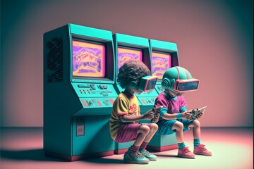 3D render photograph kids playing super computer arcade candid photograph 35mm film  - obrazy, fototapety, plakaty