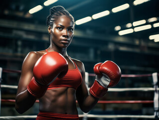 Black woman in boxing gloves on a ring. Concept of sport training. Ai generative illustration - obrazy, fototapety, plakaty