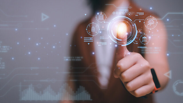 futuristic digital processing of biometric identification fingerprint scanner for access personal financial data. surveillance and security scanning of digital programs cyber futuristic applications