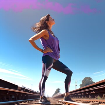 A Woman Standing On Top Of A Train Track By John Luke Dynamic Stretching Beautiful Sunny Day Looking Sideways Purple 