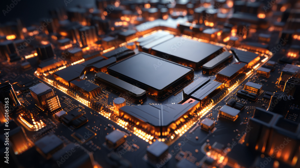 Poster closeup hardware background of motherboard. circuit cpu microchip digital processor. concept of tech