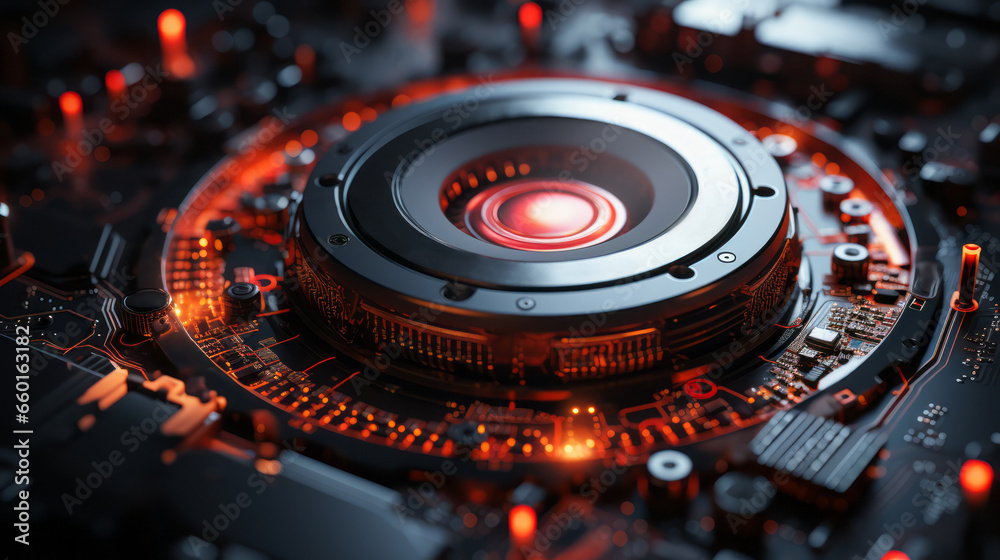 Poster closeup hardware background of motherboard. circuit cpu microchip digital processor. concept of tech