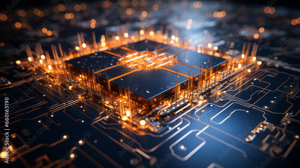 Poster closeup hardware background of motherboard. circuit cpu microchip digital processor. concept of tech