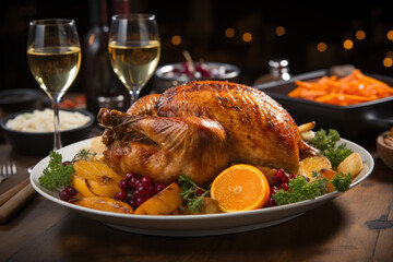a table with a roast turkey and wine drinks in the middle