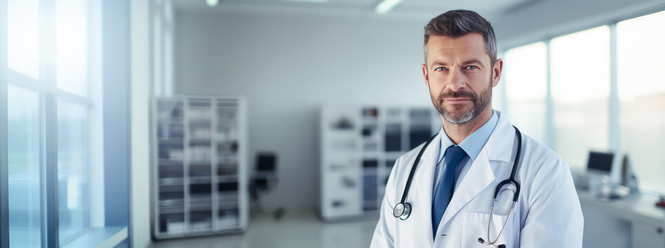 Doctor with stethoscope standing in hospital. Concept of healthcare and medical diagnosis and treatment. Med Insurance. Copy space. Ai generative