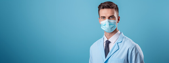 Doctor in face mask standing over blue background. Concept of healthcare and medical treatment. Med Insurance. Copy space wall. Ai generative - Powered by Adobe
