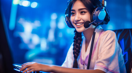 Asian woman gamer playing in cyber sport tournament online. Ai generative