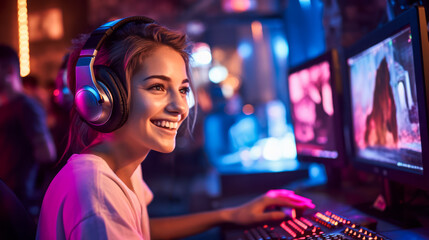 Young woman gamer playing in cyber sport tournament online. Ai generative