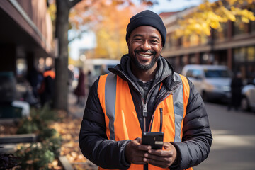 Delivery man with cell phone in hands working. Generative AI
