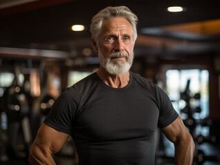 Obraz premium Happy old strong man stands in gym. Healthy lifestyle for elder people with sport and fitness concept. Ai generative illustration