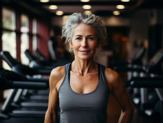 Old woman with grey hair training in gym. Healthy life with sport and fitness concept. Ai generative illustration - obrazy, fototapety, plakaty