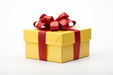 Yellow present box with red ribbon front view. white background