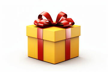 Obraz premium Yellow present box with red ribbon front view. white background