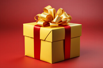 Fototapeta premium Yellow present box with red ribbon front view. red background
