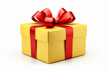 Obraz premium Yellow present box with red ribbon front view. white background