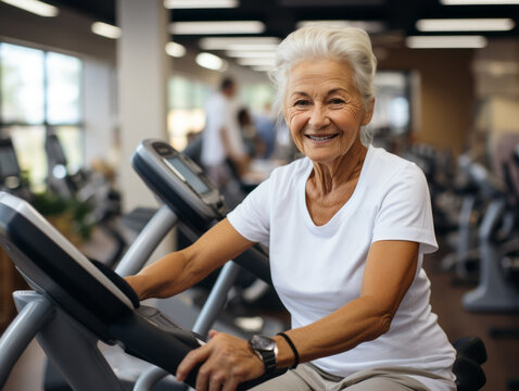 Old woman with grey hair training in gym. Healthy life with sport and fitness concept. Ai generative illustration