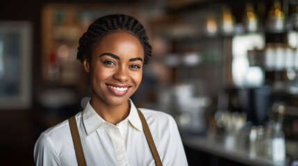 Portrait of young barista woman. Selling smile and coffee. Ai generative - obrazy, fototapety, plakaty