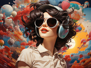 Attractive woman with headset listening music. Look up. Ai generative illustration