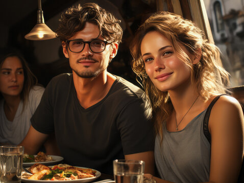A couple of young people having good time in restaurant. Modern city life concept. Ai generative