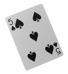 Flying playing card for poker and gambling, five of spade isolated on white, clipping path
