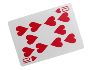 Flying playing cards for poker and gambling, ten hearts isolated on white background with clipping path
