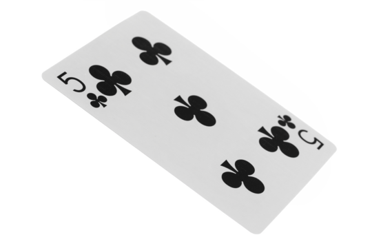 Flying playing card for poker and gambling, five club isolated on white, clipping path