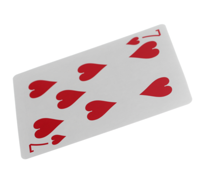 Flying playing card for poker and gambling, seven heart isolated on white, clipping path
