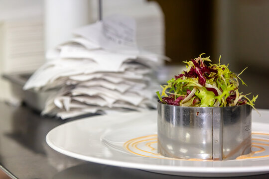 Chef is serving an appetizer with metal ring