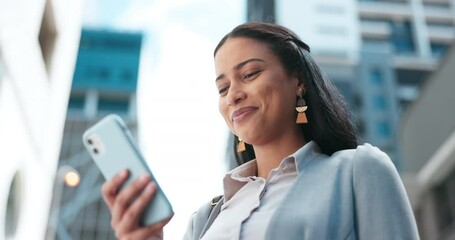 Phone, city and business woman chatting with connection and commute reading online social media news. Internet, mobile app and happy employee smile while networking, search or typing on smartphone - Powered by Adobe