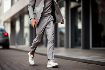 Witness the fusion of style and comfort in this close-up featuring a man's sneakers and joggers combined with a tailored blazer, showcasing the adaptability of athleisure from fitness to fashion