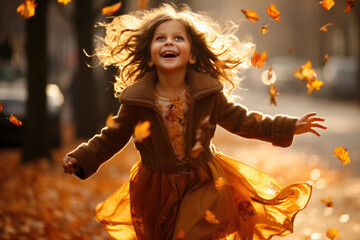 A young girl runs in the falling autumn leaves dot childhood, golden autumn