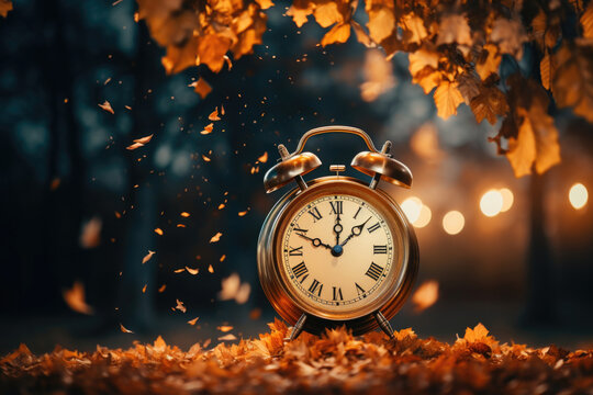 Clocks set against a picturesque autumn scene representing the switch to winter time in the USA on November 5th