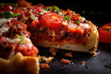 A tantalizing close-up of a slice of St. Louis-style pizza, highlighting its yeast-free, cracker-like crust and flavorful toppings - obrazy, fototapety, plakaty