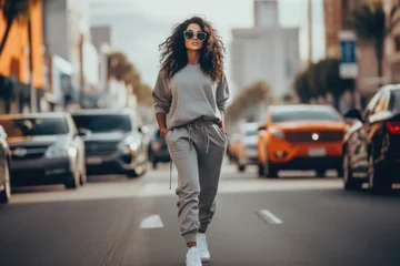 Fotobehang A stylish young woman confidently strolling through a city street in athleisure wear, blending fashion and ease seamlessly © Konstiantyn Zapylaie